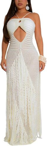 Women's Crochet Halter Maxi Dress, Hollow Out Knit Cover Up with Tassel, Beach Sundress in Saudi Arabia