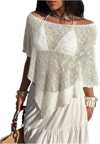 Verdusa Women's Asymmetrical Swim Cover Up Off Shoulder Poncho Tops Beach Vacation Clothes in Saudi Arabia