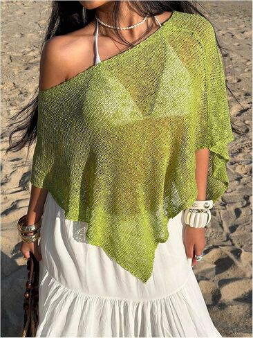 Verdusa Women's Asymmetrical Swim Cover Up Off Shoulder Poncho Tops Beach Vacation Clothes in Saudi Arabia