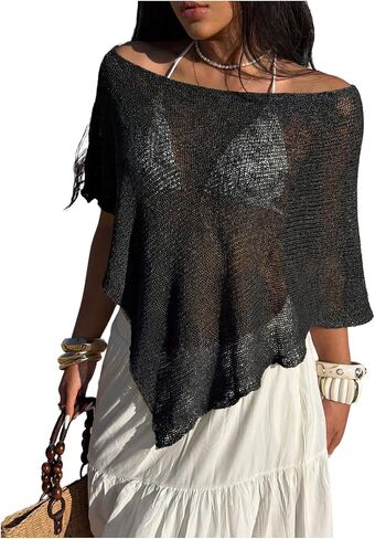 Verdusa Women's Asymmetrical Swim Cover Up Off Shoulder Poncho Tops Beach Vacation Clothes in Saudi Arabia