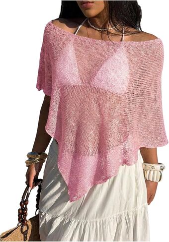 Verdusa Women's Asymmetrical Swim Cover Up Off Shoulder Poncho Tops Beach Vacation Clothes in Saudi Arabia