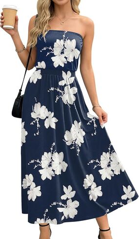 SAUKOLE Summer Dresses for Women Strapless Bandeau Tube Cover Up Beach Dress Casual Elastic Waist Flowy Maxi Dress in Kuwait