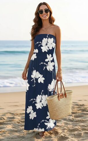 SAUKOLE Summer Dresses for Women Strapless Bandeau Tube Cover Up Beach Dress Casual Elastic Waist Flowy Maxi Dress in Kuwait
