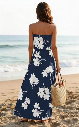 SAUKOLE Summer Dresses for Women Strapless Bandeau Tube Cover Up Beach Dress Casual Elastic Waist Flowy Maxi Dress in Kuwait