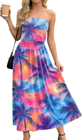 SAUKOLE Summer Dresses for Women Strapless Bandeau Tube Cover Up Beach Dress Casual Elastic Waist Flowy Maxi Dress in Kuwait