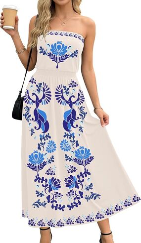 SAUKOLE Summer Dresses for Women Strapless Bandeau Tube Cover Up Beach Dress Casual Elastic Waist Flowy Maxi Dress in Kuwait