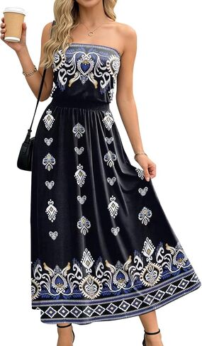 SAUKOLE Summer Dresses for Women Strapless Bandeau Tube Cover Up Beach Dress Casual Elastic Waist Flowy Maxi Dress in Kuwait