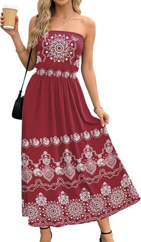 SAUKOLE Summer Dresses for Women Strapless Bandeau Tube Cover Up Beach Dress Casual Elastic Waist Flowy Maxi Dress in Kuwait