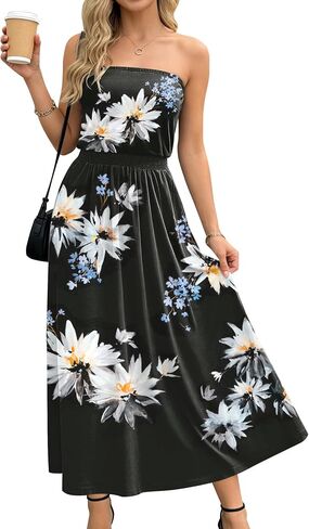 SAUKOLE Summer Dresses for Women Strapless Bandeau Tube Cover Up Beach Dress Casual Elastic Waist Flowy Maxi Dress in Kuwait