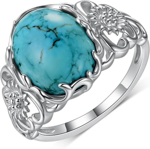 Vintage Turquoise Ring 925 Sterling Silver Flowers Filigree Engagement Ring with Genuine Natural Real Oval Turquoise Promise Ring Jewelry Birthday Gifts in Saudi Arabia