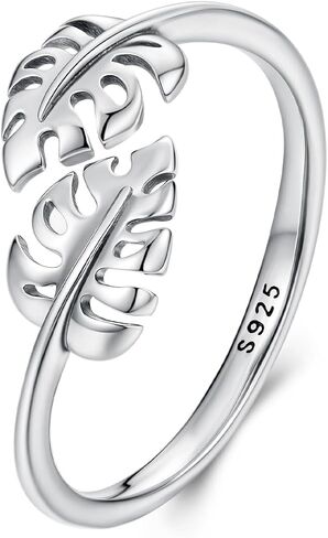 Dainty Palm Leaf Statement Wrap Ring 925 Sterling Silver Adjustable Open Leaves Stacking Joint Finger Bands Wedding Engagement Promise Love Rings Cute Jewelry for Women Wife in Kuwait