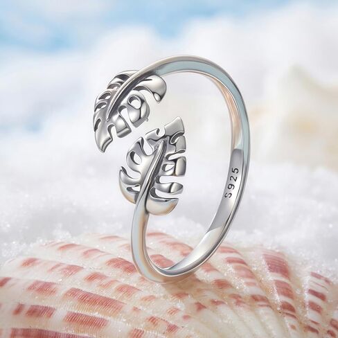 Dainty Palm Leaf Statement Wrap Ring 925 Sterling Silver Adjustable Open Leaves Stacking Joint Finger Bands Wedding Engagement Promise Love Rings Cute Jewelry for Women Wife in Kuwait