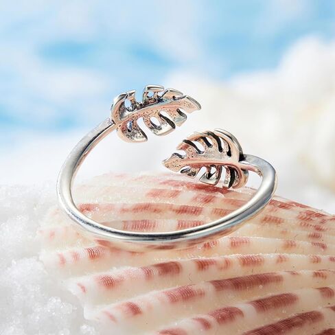 Dainty Palm Leaf Statement Wrap Ring 925 Sterling Silver Adjustable Open Leaves Stacking Joint Finger Bands Wedding Engagement Promise Love Rings Cute Jewelry for Women Wife in Kuwait