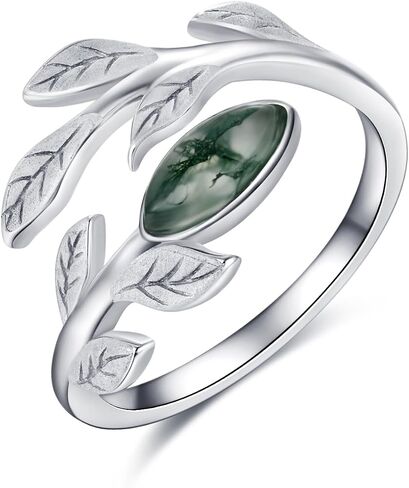 CUOKA MIRACLE Leaf Ring الطحلب العقيق خواتم 925 فضة مفتوحة ورقة خاتم عيد ميلاد الزفاف وعد خواتم مجوهرات هدايا للنساء أمي في عيد ميلاد الأم عيد الحب in Kuwait