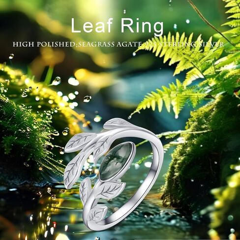 CUOKA MIRACLE Leaf Ring الطحلب العقيق خواتم 925 فضة مفتوحة ورقة خاتم عيد ميلاد الزفاف وعد خواتم مجوهرات هدايا للنساء أمي في عيد ميلاد الأم عيد الحب in Kuwait