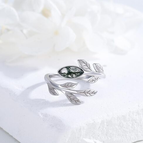 CUOKA MIRACLE Leaf Ring الطحلب العقيق خواتم 925 فضة مفتوحة ورقة خاتم عيد ميلاد الزفاف وعد خواتم مجوهرات هدايا للنساء أمي في عيد ميلاد الأم عيد الحب in Kuwait