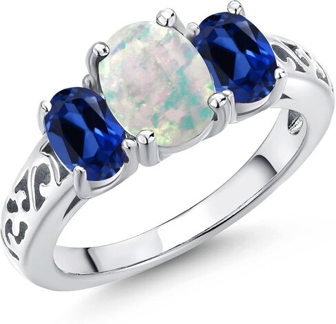 Gem Stone King 2.20 Cttw White Opal and Blue Created Sapphire Filigree Style 3-Stone Ring for Women | 925 Sterling Silver | Oval 8X6MM and 6X4MM | Wedding Engagement Anniversary Promise Ring in Kuwait