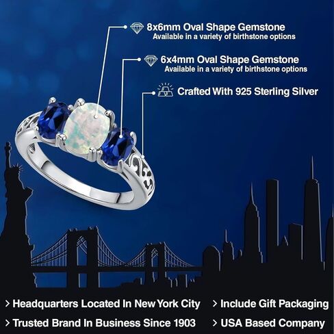 Gem Stone King 2.20 Cttw White Opal and Blue Created Sapphire Filigree Style 3-Stone Ring for Women | 925 Sterling Silver | Oval 8X6MM and 6X4MM | Wedding Engagement Anniversary Promise Ring in Kuwait
