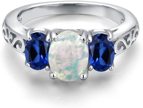 Gem Stone King 2.20 Cttw White Opal and Blue Created Sapphire Filigree Style 3-Stone Ring for Women | 925 Sterling Silver | Oval 8X6MM and 6X4MM | Wedding Engagement Anniversary Promise Ring in Kuwait
