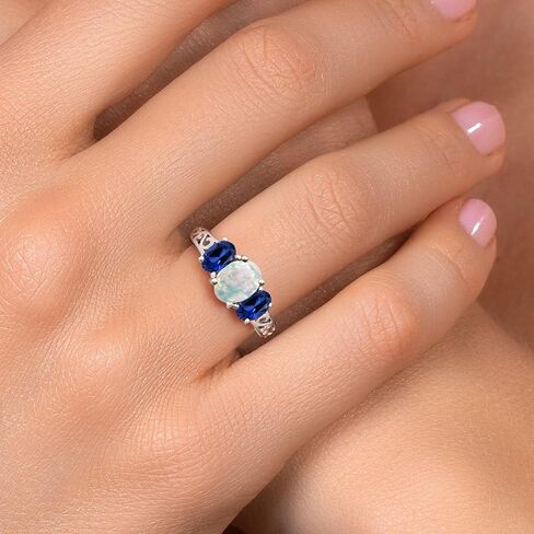 Gem Stone King 2.20 Cttw White Opal and Blue Created Sapphire Filigree Style 3-Stone Ring for Women | 925 Sterling Silver | Oval 8X6MM and 6X4MM | Wedding Engagement Anniversary Promise Ring in Kuwait