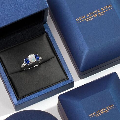 Gem Stone King 2.20 Cttw White Opal and Blue Created Sapphire Filigree Style 3-Stone Ring for Women | 925 Sterling Silver | Oval 8X6MM and 6X4MM | Wedding Engagement Anniversary Promise Ring in Kuwait