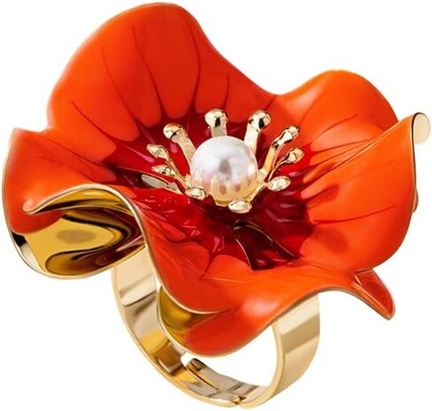 NewZenro Elegant Large Flower Statement Rings for Women Gold-Tone Plated Danity Enamel Faux Pearl Big Floral Adjustable Open Wrap Finger Rings Comfort Fit Wedding Promise Fashion Jewelry in Kuwait