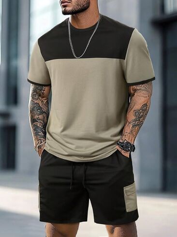 Men's Contrast Color Tracksuits Short Sleeve T-Shirt Drawstring Cargo Shorts Set 2 Piece Summer Casual Workout Outfits in Kuwait
