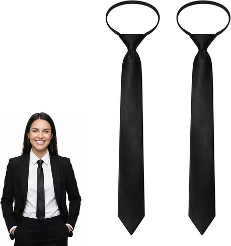 2PCS Skinny Black Tie, Pre Tied Adjustable Zipper Ties 2.2in Zipper Necktie for Women Pre-tied Solid Color Neck Tie for Business Uniforms in Kuwait