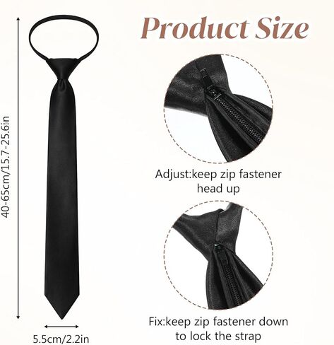 2PCS Skinny Black Tie, Pre Tied Adjustable Zipper Ties 2.2in Zipper Necktie for Women Pre-tied Solid Color Neck Tie for Business Uniforms in Kuwait