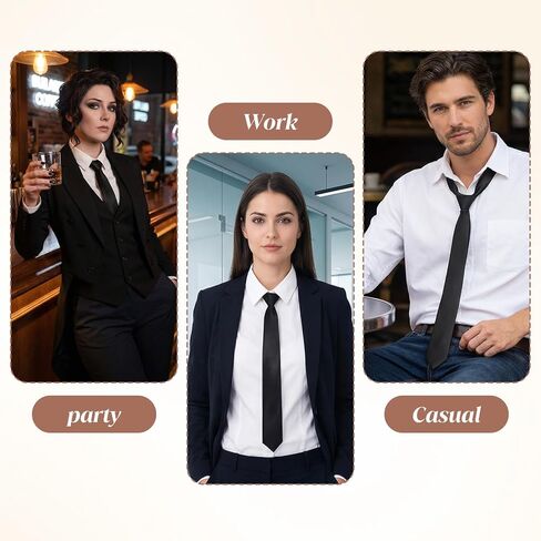 2PCS Skinny Black Tie, Pre Tied Adjustable Zipper Ties 2.2in Zipper Necktie for Women Pre-tied Solid Color Neck Tie for Business Uniforms in Kuwait
