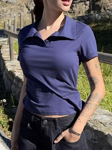 Womens Short Sleeve V-Neck Polo Shirts Collared Short Sleeve Business Work Blouses Cute Summer Tops in Kuwait