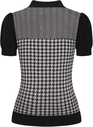 OXKnit Women's Knit Polo Shirts Short Sleeve, Checkered and Embroidered Heart Pattern V-Neck Tops with Quarter Button in Kuwait