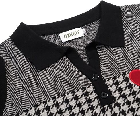 OXKnit Women's Knit Polo Shirts Short Sleeve, Checkered and Embroidered Heart Pattern V-Neck Tops with Quarter Button in Kuwait