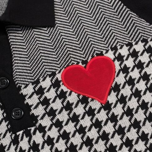 OXKnit Women's Knit Polo Shirts Short Sleeve, Checkered and Embroidered Heart Pattern V-Neck Tops with Quarter Button in Kuwait