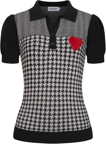 OXKnit Women's Knit Polo Shirts Short Sleeve, Checkered and Embroidered Heart Pattern V-Neck Tops with Quarter Button in Kuwait