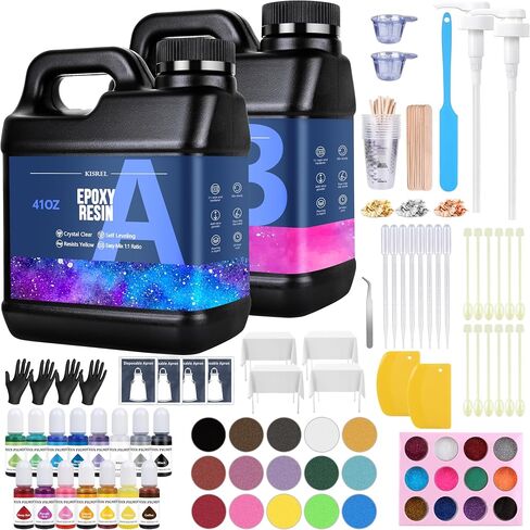 Epoxy Resin 1 Gallon - Clear Epoxy Resin Kit with 20 Pigments and 20 Colors of Mica Powders - No Yellowing No Bubble Casting Resin for Art Crafts, Jewelry Making, Wood & Resin Molds(1/2 Gallon x 2) in Kuwait
