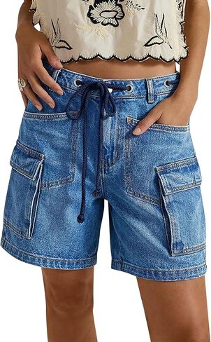Flamingals High Rise Denim Shorts for Women Drawstring Summer Casual Wash Cargo Jean Shorts in Kuwait
