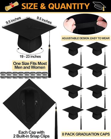 JenPen 8 Pcs Black Graduation Caps for Long Hair No Slip Graduation Cap with Built-in Hair Secure Clips Stays in Place Mortarboard for Women 2026 Graduates Ceremony Photos in Kuwait