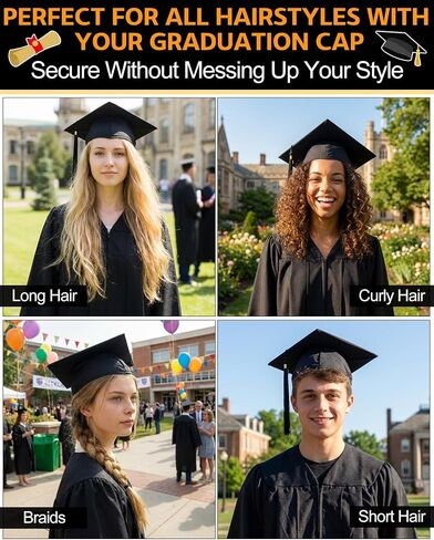 JenPen 8 Pcs Black Graduation Caps for Long Hair No Slip Graduation Cap with Built-in Hair Secure Clips Stays in Place Mortarboard for Women 2026 Graduates Ceremony Photos in Kuwait