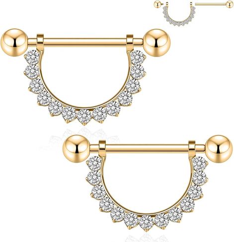 GAGABODY Pair G23 Titanium 14G Nipple Rings D-Shaped Internally Threaded Round Clear CZ Nipple Barbells Clicker Straight Nipple Bar for Women Men in Kuwait