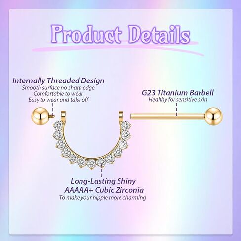 GAGABODY Pair G23 Titanium 14G Nipple Rings D-Shaped Internally Threaded Round Clear CZ Nipple Barbells Clicker Straight Nipple Bar for Women Men in Kuwait
