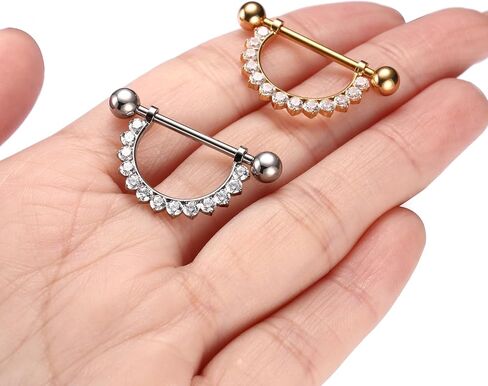 GAGABODY Pair G23 Titanium 14G Nipple Rings D-Shaped Internally Threaded Round Clear CZ Nipple Barbells Clicker Straight Nipple Bar for Women Men in Kuwait