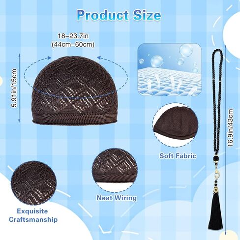 Kufi Hats for Men, 4-Pack Muslim Crochet Caps, 100% Breathable Skull Beanies for Men, Includes Gray, Black, Brown, White, Handicraft Taqiyah for Thobe in Saudi Arabia