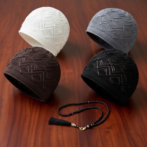 Kufi Hats for Men, 4-Pack Muslim Crochet Caps, 100% Breathable Skull Beanies for Men, Includes Gray, Black, Brown, White, Handicraft Taqiyah for Thobe in Saudi Arabia