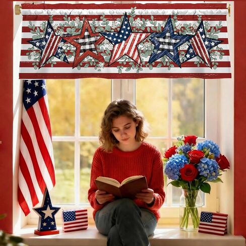 4th of July Patriotic Valances for Windows 54x18 Inch Red White Blue Stripes American Flag Star Eucalyptus Independence Day Curtain Valance for Kitchen Bathroom Bedroom Living Room Home Decor in Kuwait