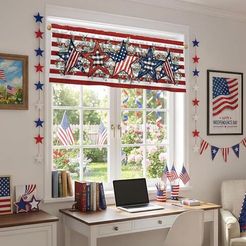 4th of July Patriotic Valances for Windows 54x18 Inch Red White Blue Stripes American Flag Star Eucalyptus Independence Day Curtain Valance for Kitchen Bathroom Bedroom Living Room Home Decor in Kuwait