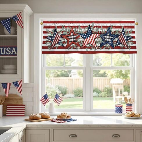 4th of July Patriotic Valances for Windows 54x18 Inch Red White Blue Stripes American Flag Star Eucalyptus Independence Day Curtain Valance for Kitchen Bathroom Bedroom Living Room Home Decor in Kuwait