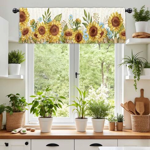 Sunflowers Valance Curtain Watercolor Yellow Blue Floral Farmhouse Semi Sheer Window Treatment Topper Drape 1 Panel 54 x 18 Inch Polyester Kitchen Bedroom Living Room Decor in Saudi Arabia