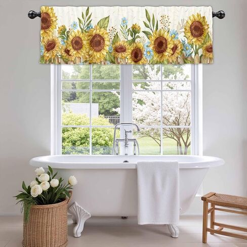 Sunflowers Valance Curtain Watercolor Yellow Blue Floral Farmhouse Semi Sheer Window Treatment Topper Drape 1 Panel 54 x 18 Inch Polyester Kitchen Bedroom Living Room Decor in Saudi Arabia