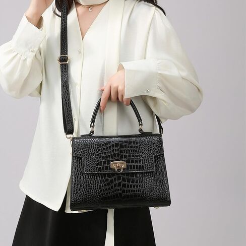 Women's Crocodile Print Leather Shoulder Bag | Top Handle Flap Satchel | Genuine Leather Purse for Daily Commute in Kuwait